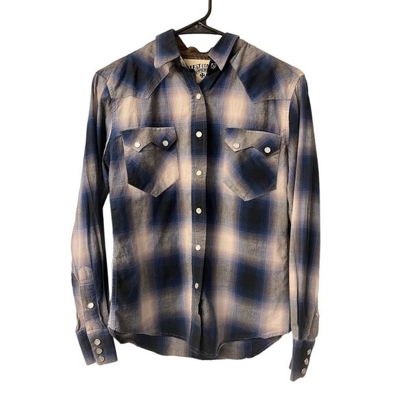 West Coast Choppers Long Sleeve Plaid Button Down Shirt Round Hem Blue Men's - Picture 1 of 9